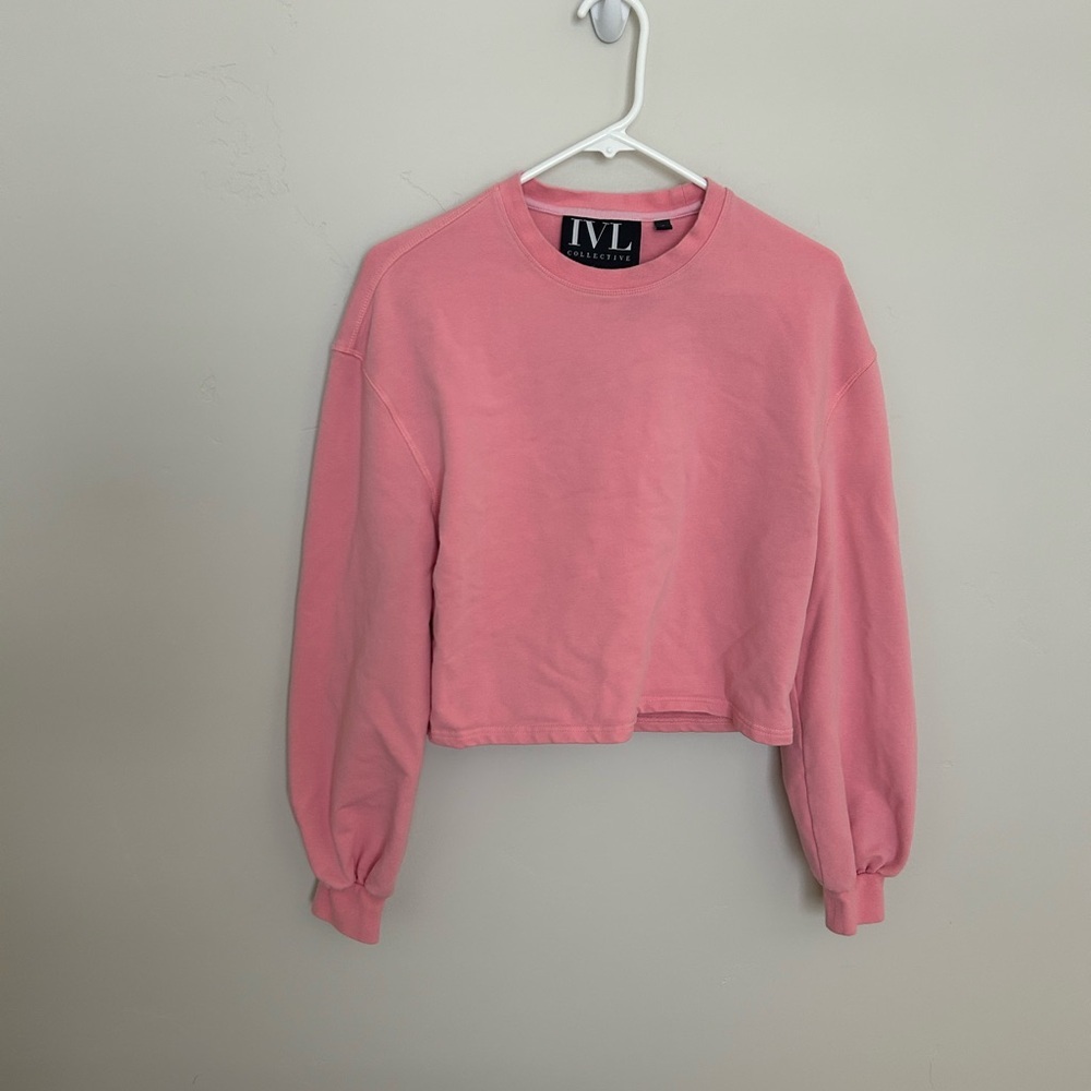 Women’s IVL COLLECTIVE Pink Cropped Sweater, Long Puff Sleeve, Size 6